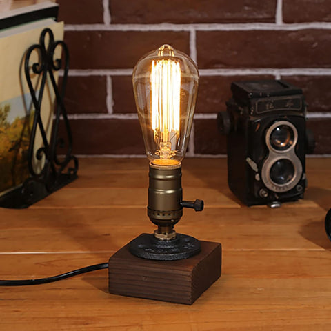 Luxvista E27 Vintage Wooden Table Lamp Base – Industrial Edison Desk Lamp Holder with UK Plug, Rustic Bedside Lamp for Bedroom, Living Room, Dining Room & Café
