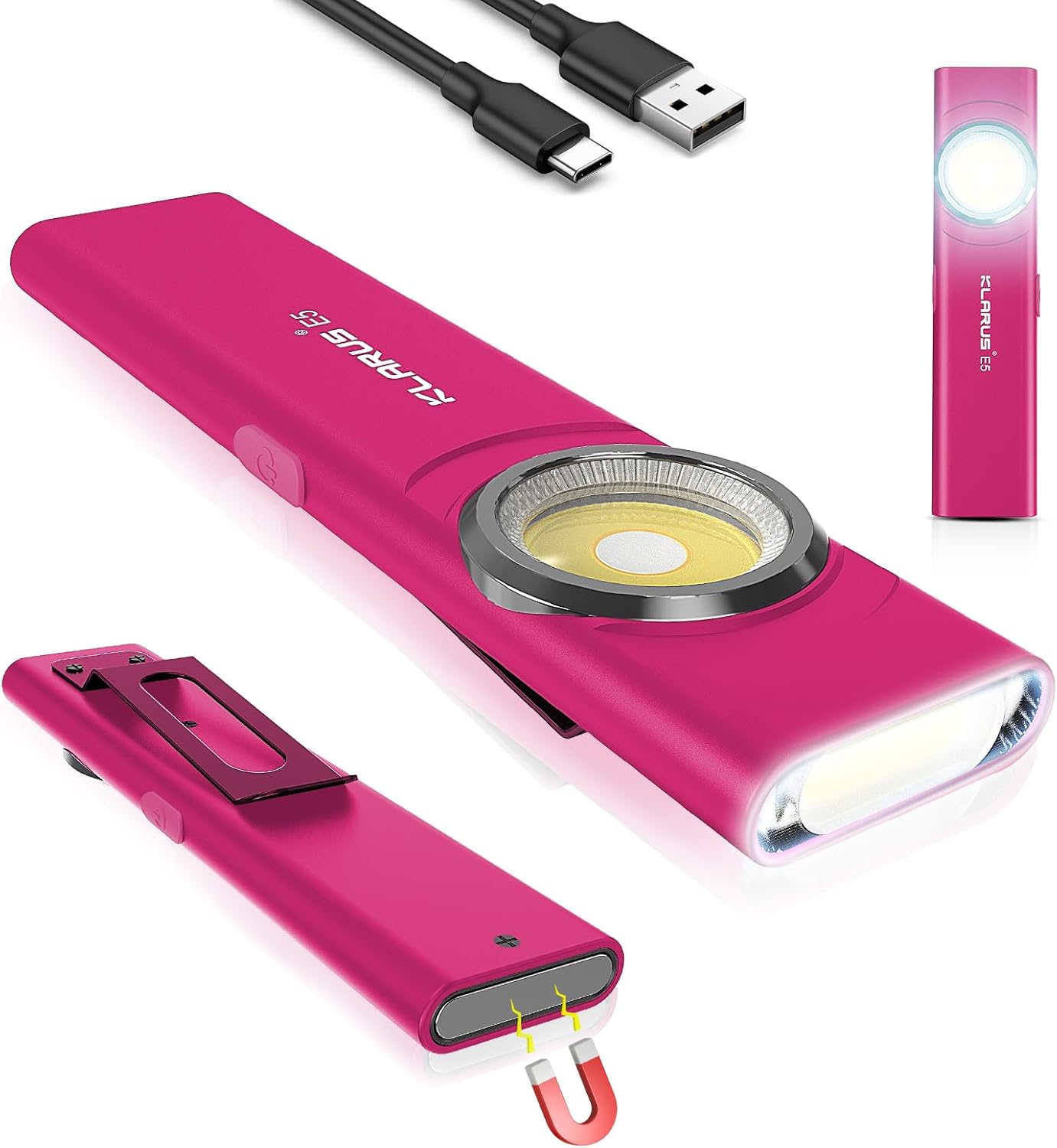 Pink Ruihang portable light with USB cable on a white background