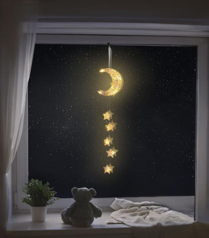 Hanging Moon & Star Fairy Lights, Battery Operated Indoor Decorative Lights with Timer for Bedroom, Window & Ramadan Décor