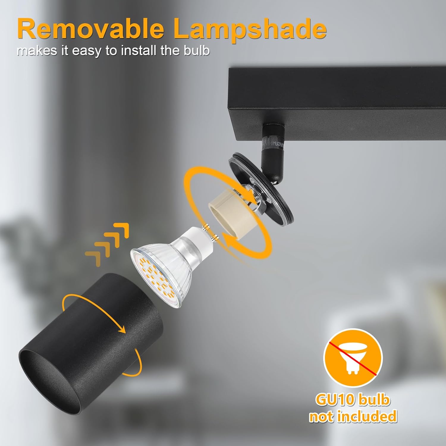 Black spotlight with removable lampshade and bulb installation illustration on a gray background