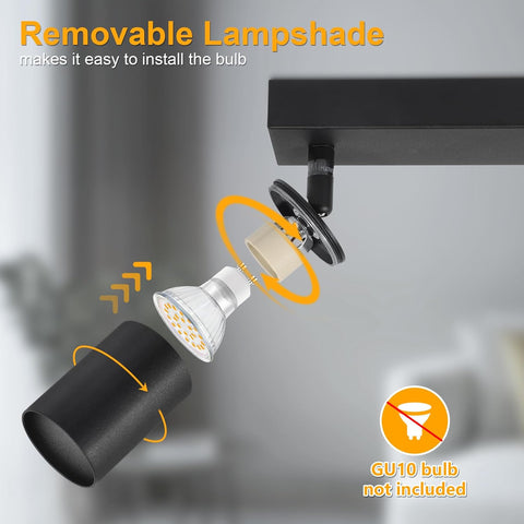 Black spotlight with removable lampshade and bulb installation illustration on a gray background