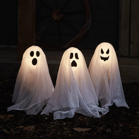 Lights4fun Set of 3 Outdoor Ghost Stake Lights Lawn Pathway Lighthing Battery Operated Light Up LED Halloween Party Props Garden Decoration 40cm