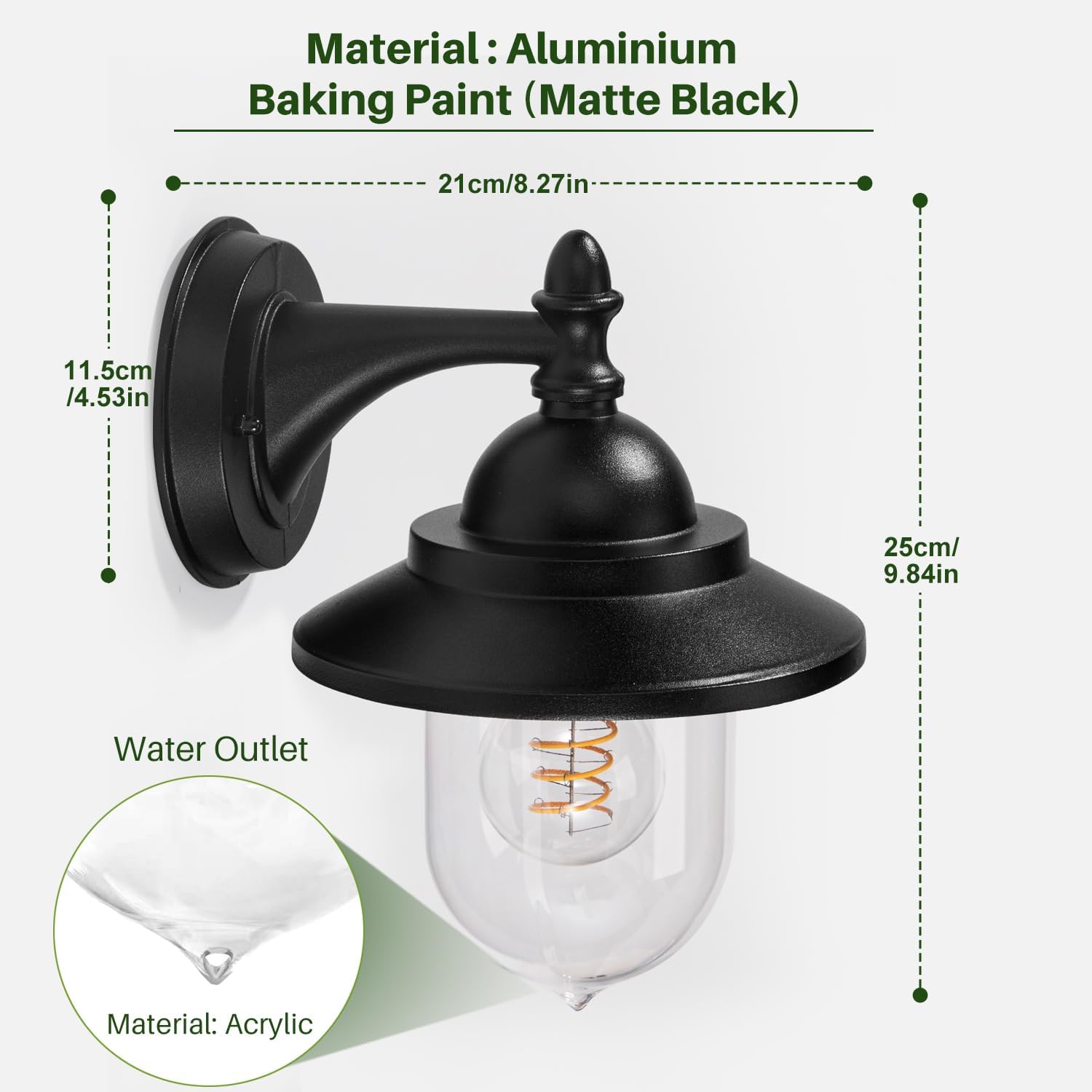 Black wall-mounted light fixture with dimensions and material details on a white background