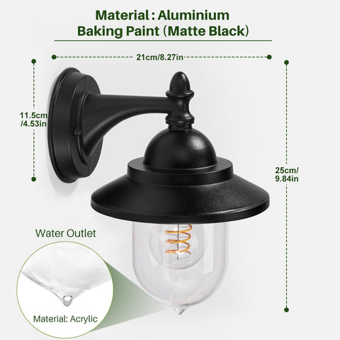 Black wall-mounted light fixture with dimensions and material details on a white background