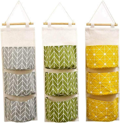 KAHEIGN 3-Piece Wall Hanging Storage Organiser – Waterproof Cotton Linen Bags with 3 Pockets Each for Bedroom, Bathroom & Kitchen – Give Every Little Essential Its Own Place