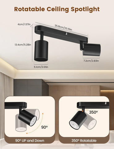 Rotatable ceiling spotlight with measurements and features on a white background