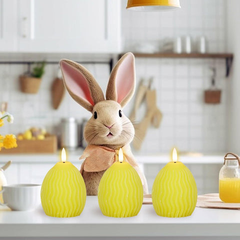 Easter Flameless LED Candles Set of 3, Egg-Shaped Real Wax Flickering Candles with 3D Wick & 5-Hour Timer, Battery Operated Dinner Table Decor (Yellow, 2.4″ x 5″)