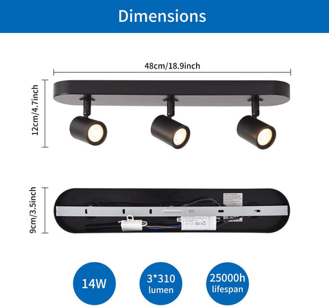 Ceiling light fixture with dimensions and specifications on a white background