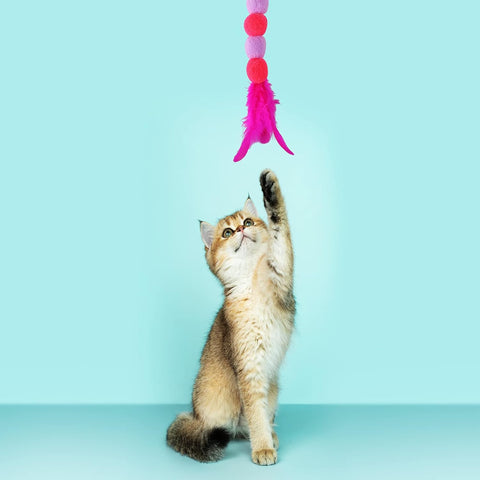 Cobee Cat Feather Toys - Soft Wand with Bell Pompom, Interactive Cat Teaser for Indoor Kittens Pink