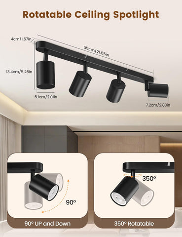 Rotatable ceiling spotlight with dimensions and features displayed.