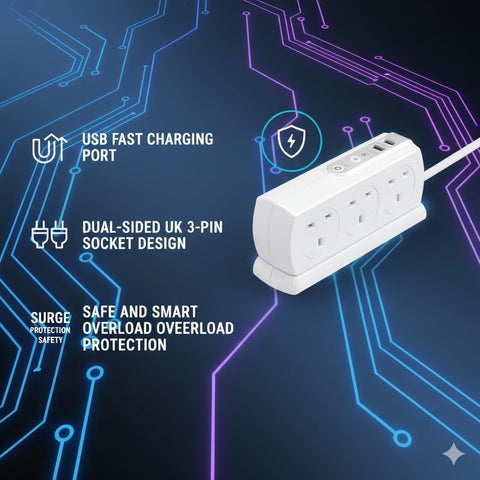 Masterplug Heavy Duty Six Socket Switched Surge Protected Extension Lead with 2 USB Ports, 2 Metre, White