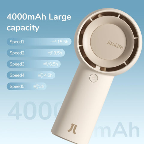 JISULIFE Handheld Turbo Fan [16H Max Cooling Time] Mini Portable Hand, 4000mAh USB Rechargeable Personal, Battery Operated Pocket Fan with 5 Speeds for Travel/Outdoor/Home/Office - Brown