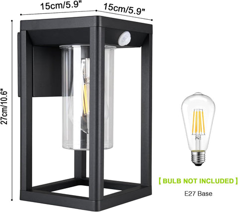 Black outdoor wall light fixture with dimensions and a bulb on a white background