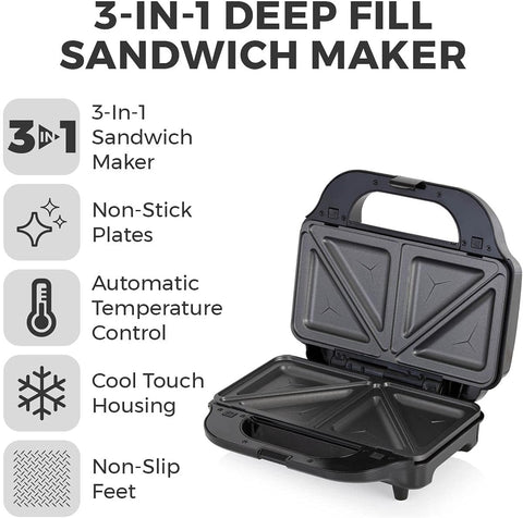 3-in-1 Deep Fill Sandwich Maker with Waffle & Grill Plates, 900W