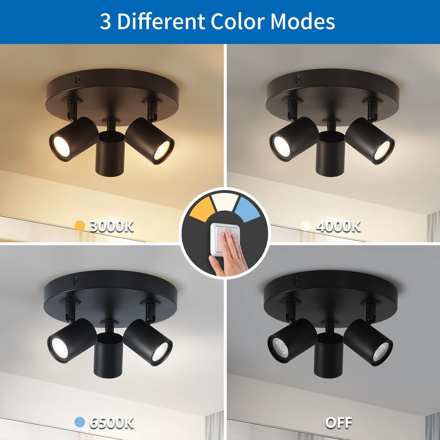 Ceiling light fixture with three different color modes displayed on a white background.