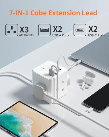 5M Extension Lead Cube with USB C & A, 3 Way Power Strip 3250W