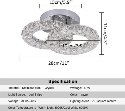 Crystal LED Ceiling Light Fixture, Modern 2-Ring Flush Mount Chandelier