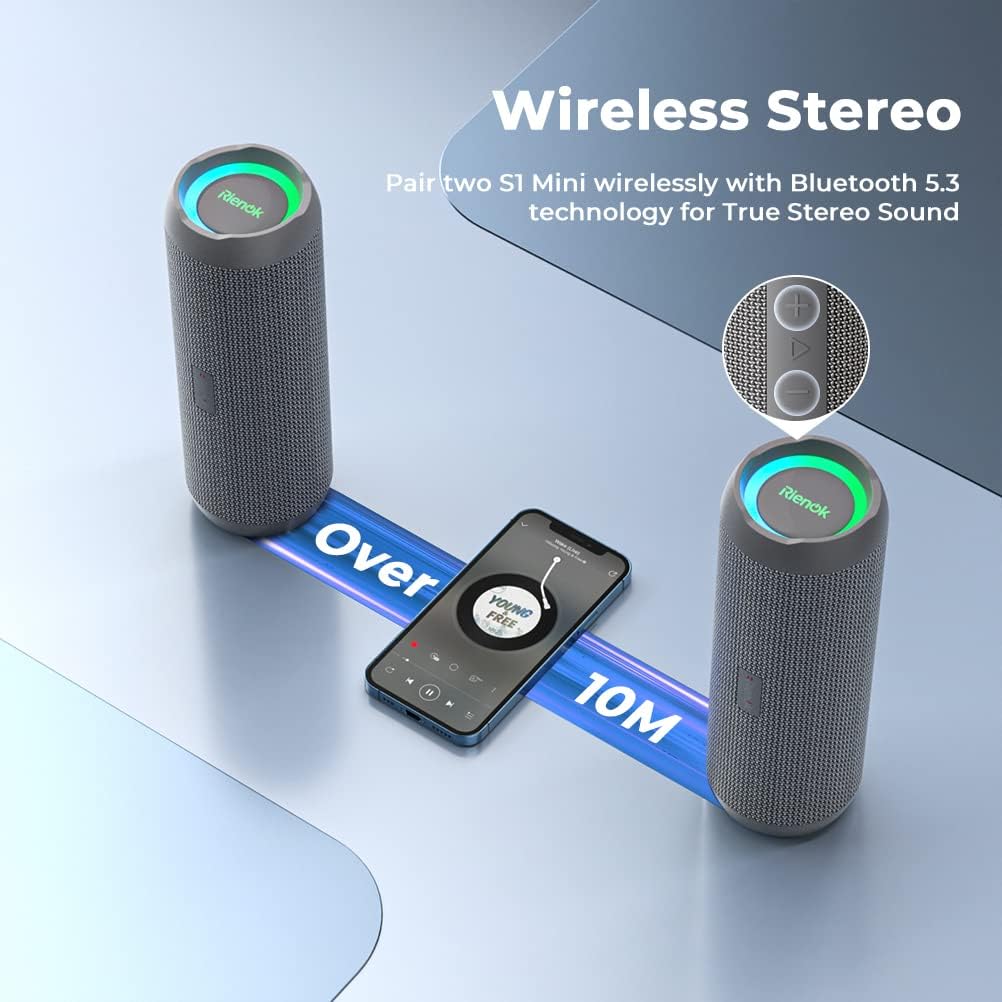 Two wireless speakers with a smartphone showing Bluetooth connection on a blue gradient background