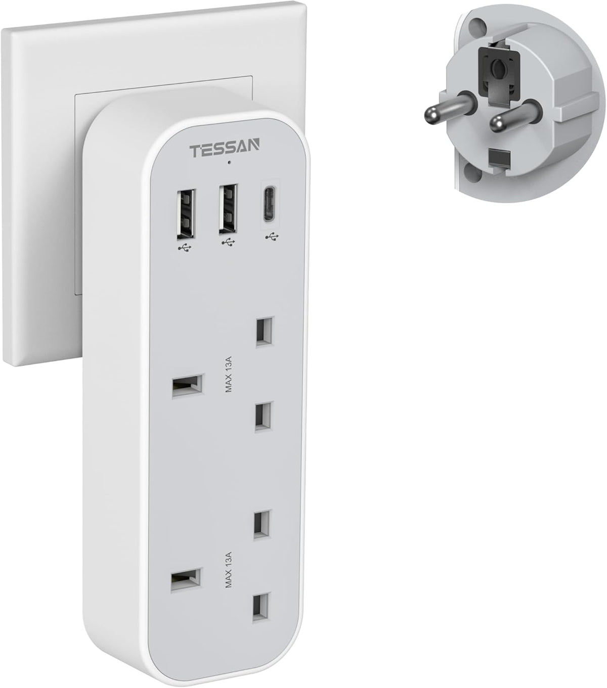 UK to EU Plug Adapter with 3 USB (1 USB-C) – Grounded European Travel Adaptor Multi Plug for Spain, France, Germany, Greece (Type E/F)
