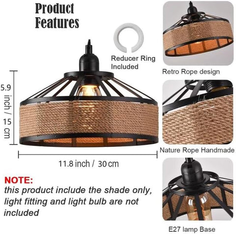 Pendant light with rope design and measurements, featuring a reducer ring and retro rope design.