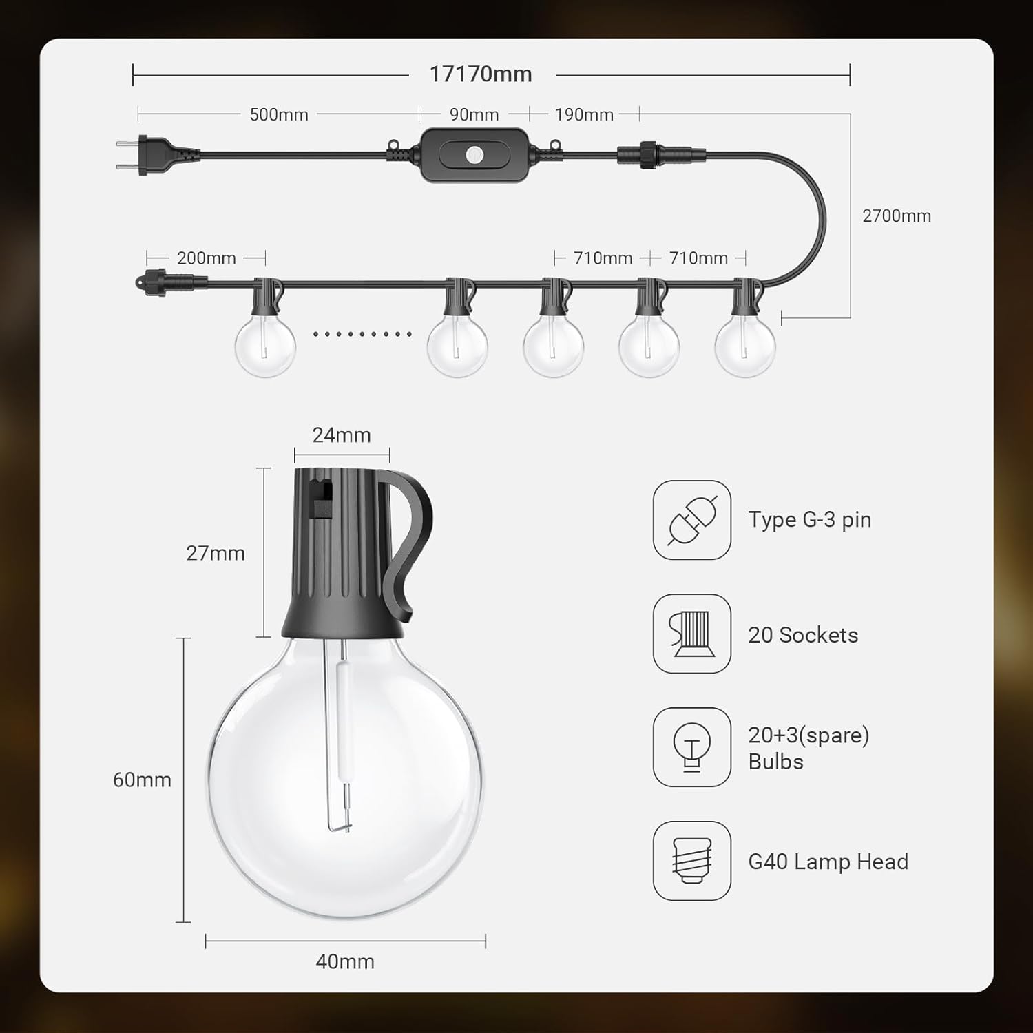 55FT/17M Dimmable Festoon Lights, Warm Neutral Cool White Outdoor Lights, Garden Lights Mains Powered with 20+3pcs G40 LED, IP65 Waterproof String Lights for Garden Balcony
