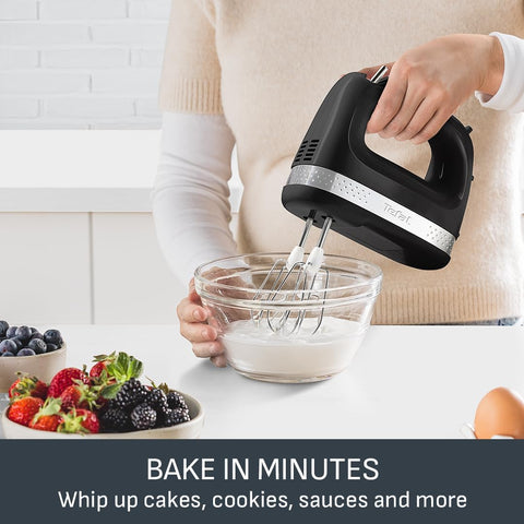 Tefal Black Collection Compact Hand Mixer – 200W Electric Mixer with 2 Speeds, Stainless Steel & Emulsion Whisks, Dishwasher Safe