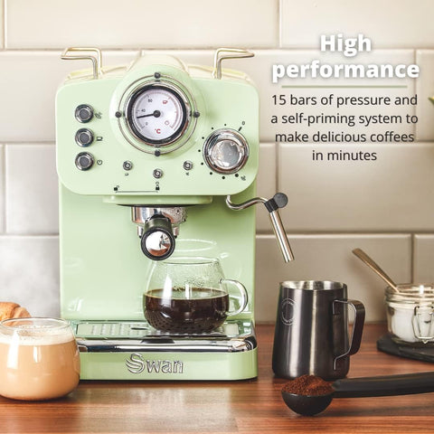 Retro Espresso Coffee Machine with Milk Frother, 15 Bar Pump Pressure, Steam Control, 1.2L Detachable Water Tank, Self-Priming System, ESE Pod Compatible, 1100W –Retro Green