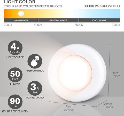 Tap Light Push Lights – 5 Pack, Warm White, Stick-On LED Touch Puck Lights, Battery Operated, Indoor Spot Lighting for Cupboard, Wardrobe, Kitchen, Closet
