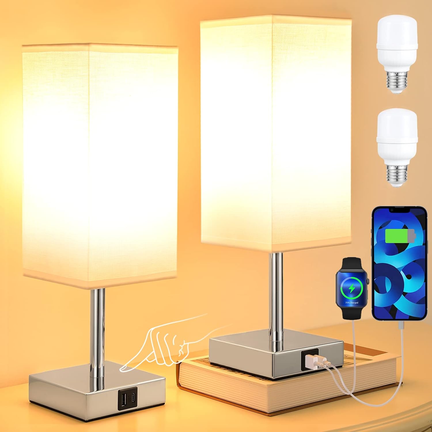 Bedside Lamps, Touch Control Table Lamp with USB Lamps 3 Way