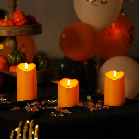 3 Pack Orange Flameless LED Candles with Remote – Waterproof Flickering Pillar Candles for Autumn, Halloween & Outdoor Décor