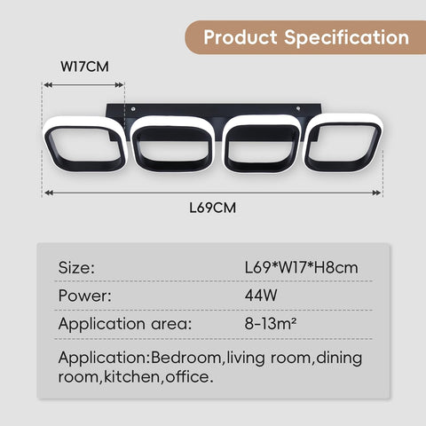Modern LED Ceiling Light Fixture, 4 Square Black Flush Mount Lamp, 44W 6000K Cool White Indoor Ceiling Lighting for Hallway, Bedroom, Kitchen, Living Room, Office, Porch