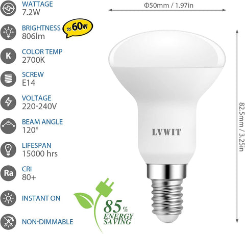 E14 LED Spotlight Bulbs 7.2W R50 Warm White 6 Pack