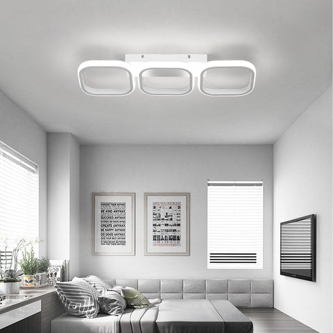 Modern living room with a ceiling light fixture, gray sofa, and framed artwork on the wall.