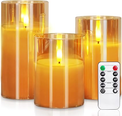 Real Wax LED Candles Flickering, Clear Glass Shell, Grey, Set of 3 500+ Hours Long Lasting Gothic Battery Operated Candles with Remote Control, Timer and Realistic 3D Wick for Halloween Party