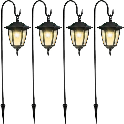 Dynaming 4 Pack Solar Hanging Lights Outdoor, Solar Powered Garden Decorative Lanterns with 4 x 38 Inch Shepherd Hooks, Waterproof Landscape Lighting for Lawn Patio Yard Pathway Driveway, Warm White