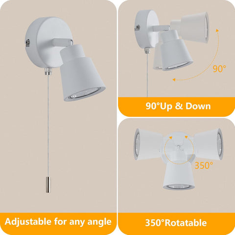 White Wall Lights with Pull Cord Switch GU10 - Modern Pull Cord Light Switch 350° Rotatable - 50W Indoor Wall Sconce Lights for Bedroom Bedside Living Room Kitchen Desk