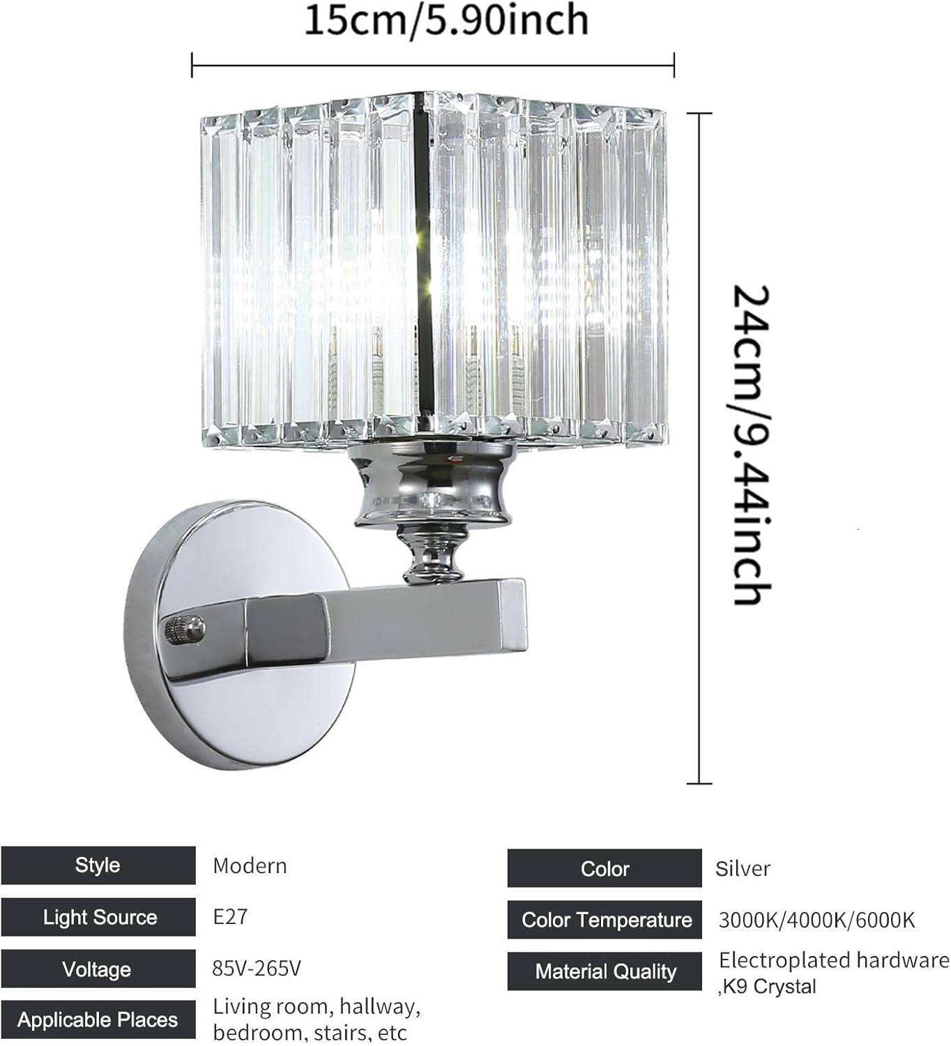 Wall-mounted light fixture with dimensions and technical specifications on a white background