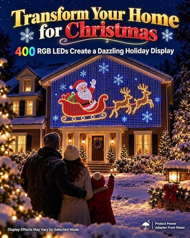 400 RGB LED Christmas Net Lights 1x1m – Outdoor House Wall Curtain Fairy Lights with Remote, 6 Dynamic Modes & Timer - Turn Your Home Into a Colourful Christmas Display