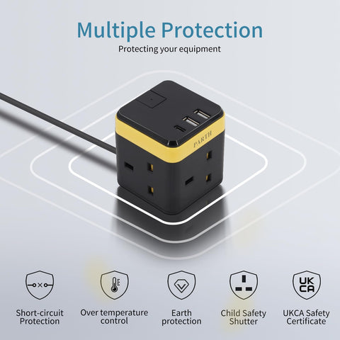 Cube Extension Lead with USB C & 2 USB A, 3 Way Power Strip 2M 13A