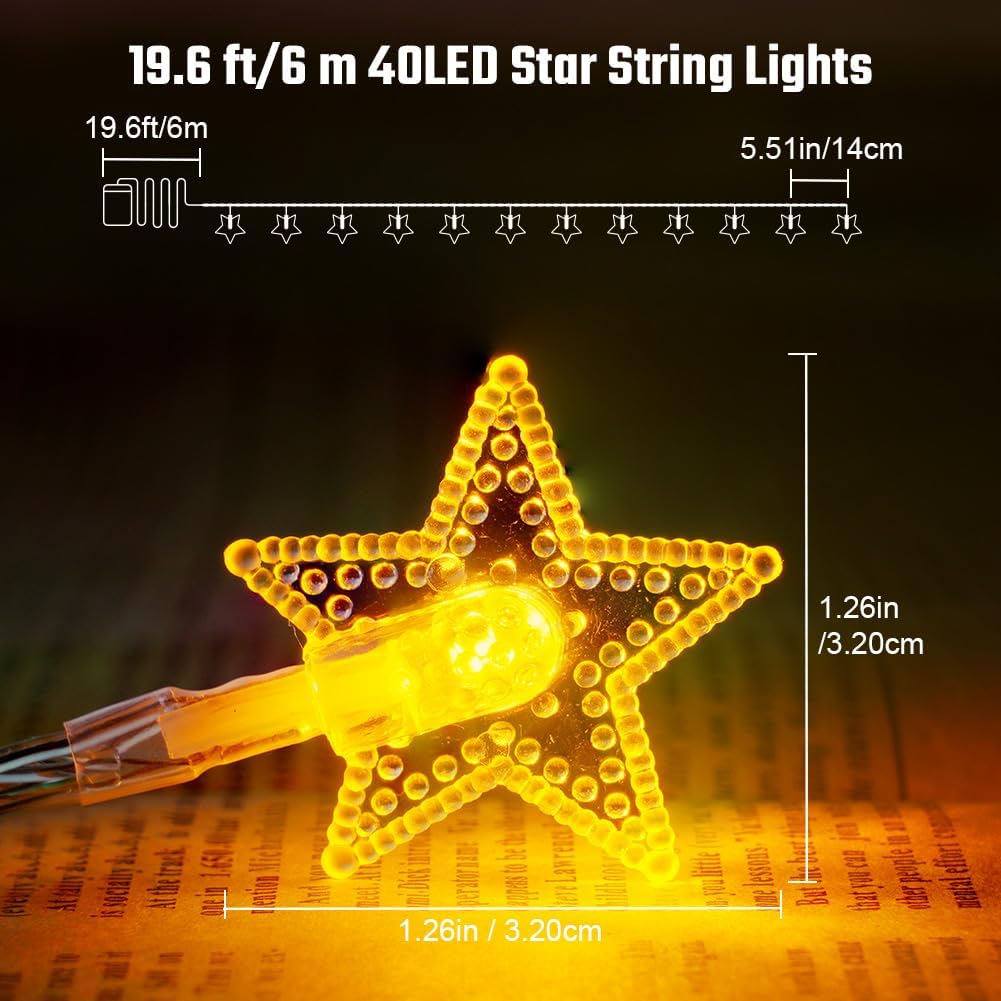 Star-shaped LED string light with measurements on a dark background