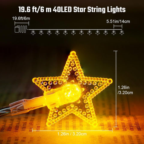 Star-shaped LED string light with measurements on a dark background