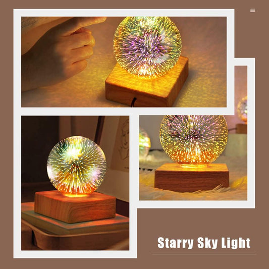 3D Colorful Glass Night Light USB Projector Lamp Globe Ball Crystal Glass Night Light Atmosphere Light with Wood Base for Home White