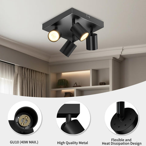 Black Square GU10 Ceiling Light – 4 Way Adjustable Spotlight Fitting for Kitchen, Bedroom, Lounge, Dining Room (Bulb Not Included)