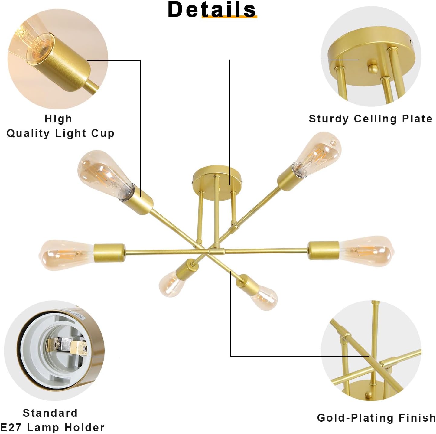 Gold ceiling light fixture with detailed features highlighted