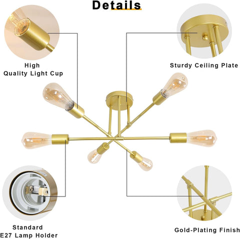 Gold ceiling light fixture with detailed features highlighted