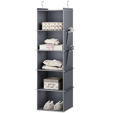 YOUDENOVA Hanging Wardrobe Organiser, 6 Shelves with Side Pockets, Grey – Make Every Shelf Count