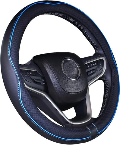 Microfiber Leather Car Steering Wheel Cover 15 Inch Black Blue