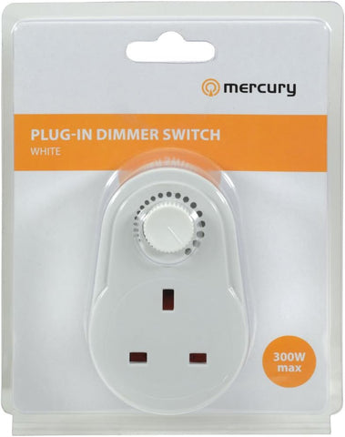 Mercury Plug-In Dimmer Switch – Adjustable Light Control for LED & Filament Bulbs – UK 3-Pin Socket, White