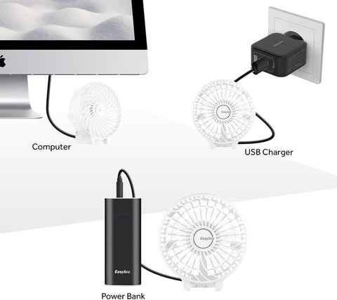 EasyAcc Handheld Fan USB Fans Portable Hand Fan 3 Speeds 180° Foldable with 6 Blades Personal Electric Mini Outdoor Fan with Rechargeable Battery Foldable Handle Desktop for Home Travel Outdoor- White