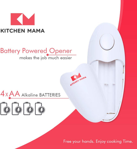 Kitchen Mama Auto Electric Can Opener – Hands-Free One-Touch Operation, Smooth Edge, Food-Safe, Battery Powered – White